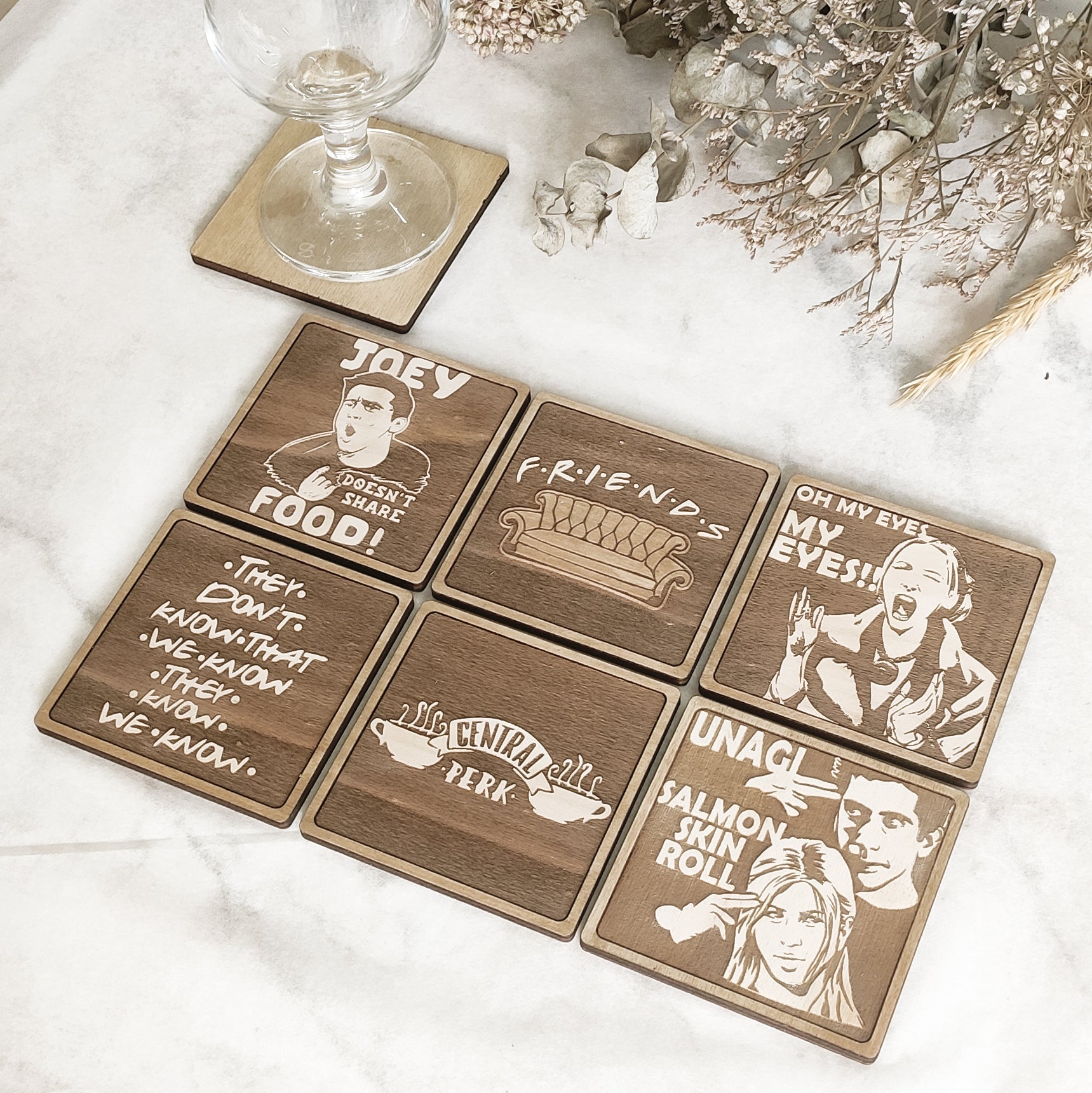 Set of 6 Friends Wooden Coasters - Handmade Gift - Housewarming - Wood Kitchenware-1