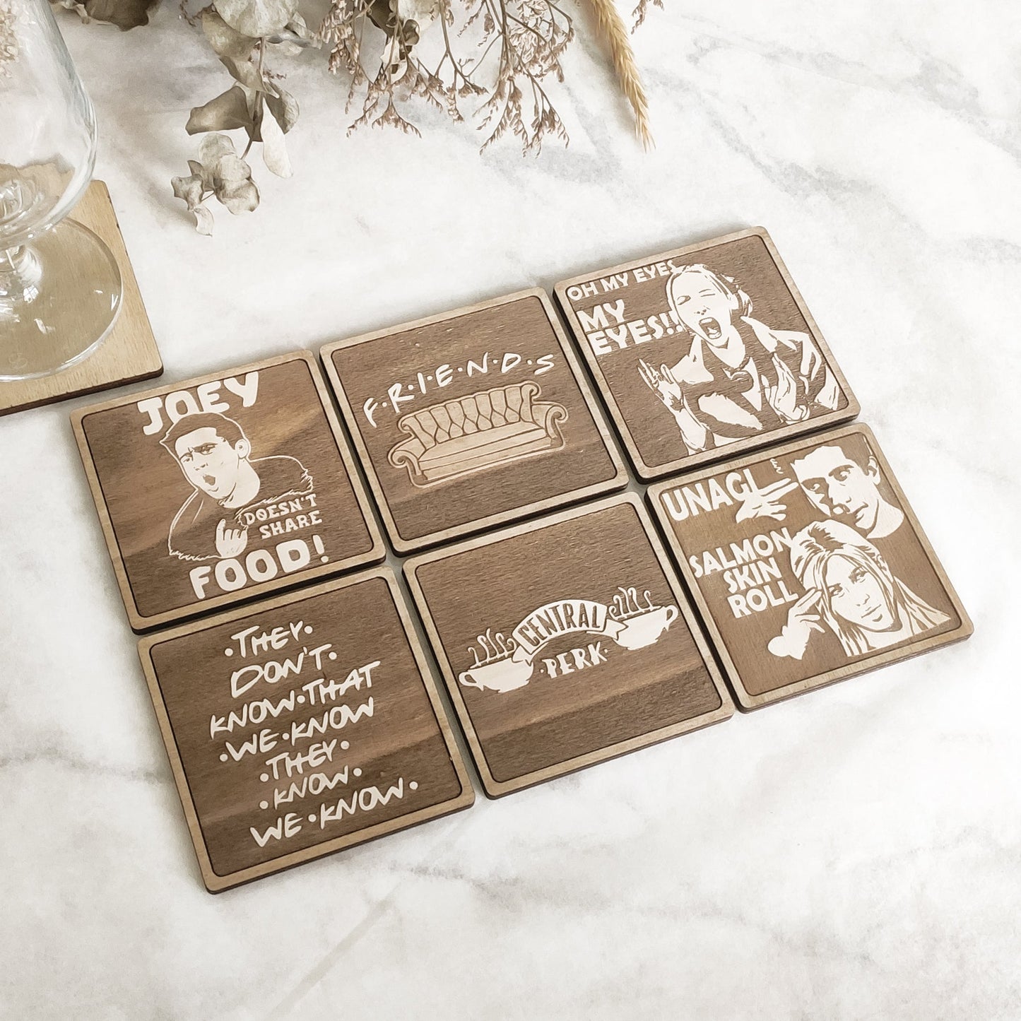 Set of 6 Friends Wooden Coasters - Handmade Gift - Housewarming - Wood Kitchenware-2